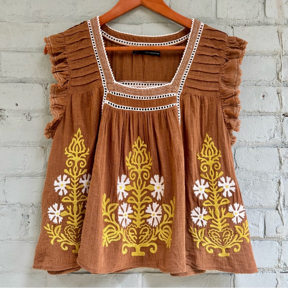 Embroidered Brown Blouse with Floral Design